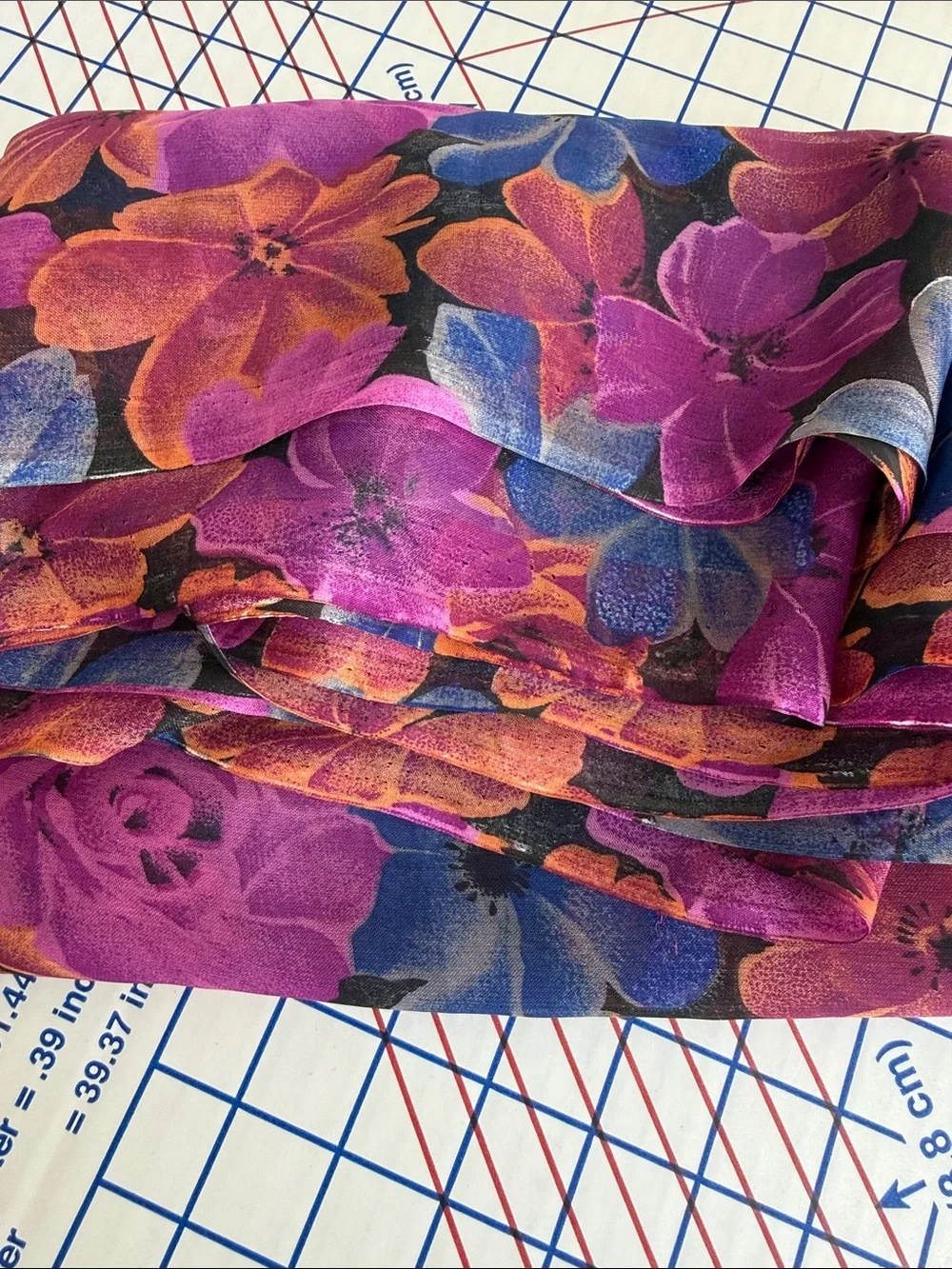 Vintage 90s Floral Chiffon Fabric 5.5 Yards Sheer Drapey Jewel Tone Floral